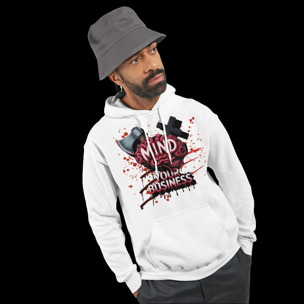 Mind Your Business Graphic Hoodie – Unique Design with Brain, Axe & Cross